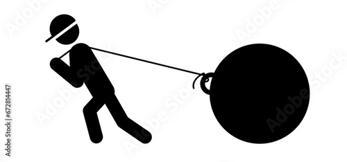 Man pulling weight. Stick figure man pulls a huge weight. Businessman twitch the big ball with rope. Person lifting or pull heavy burden. Huge large block. Heavy load, ragging a giant heavy weight.