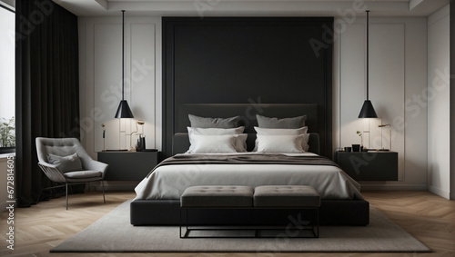 Bellissima camera da letto con arredamento minimalistico, con colori naturali ed eleganti photo