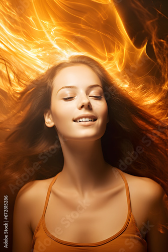 Beautiful young woman made from pure energy. Conceptual portrait.