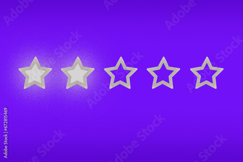 Fototapeta Naklejka Na Ścianę i Meble -  Gray, silver five star shape on a purple background. Increase rating or ranking, evaluation, classification idea. Two 2 stars.