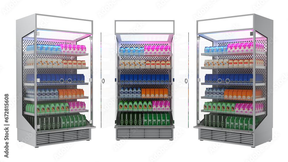 Refrigerated showcase with dairy products. 3d illustration