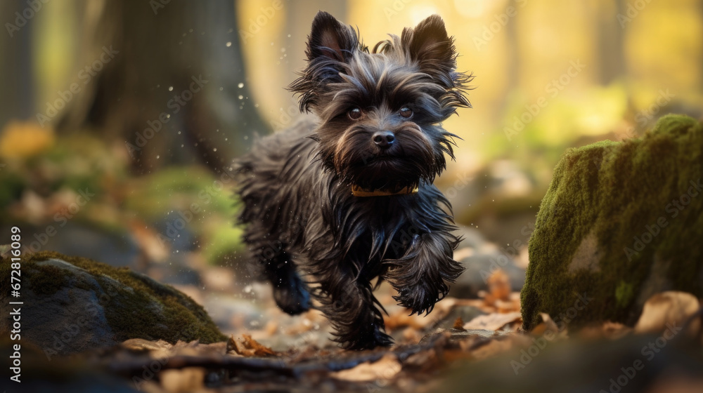 A lively Affenpinscher enjoys a romp in the vibrant, leaf-strewn autumn woods. A lively Affenpinscher enjoys a romp in the vibrant, leaf-strewn autumn woods.