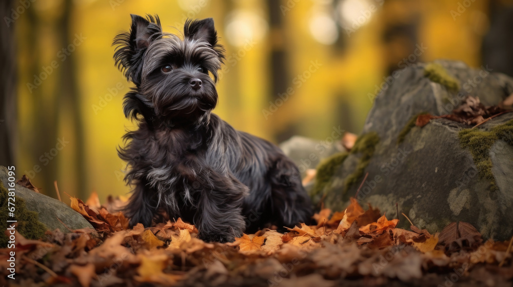 Affenpinscher dog amidst the golden hues of the autumn forest. Affenpinscher dog amidst the golden hues of the autumn forest.