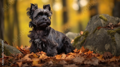 Affenpinscher dog amidst the golden hues of the autumn forest.