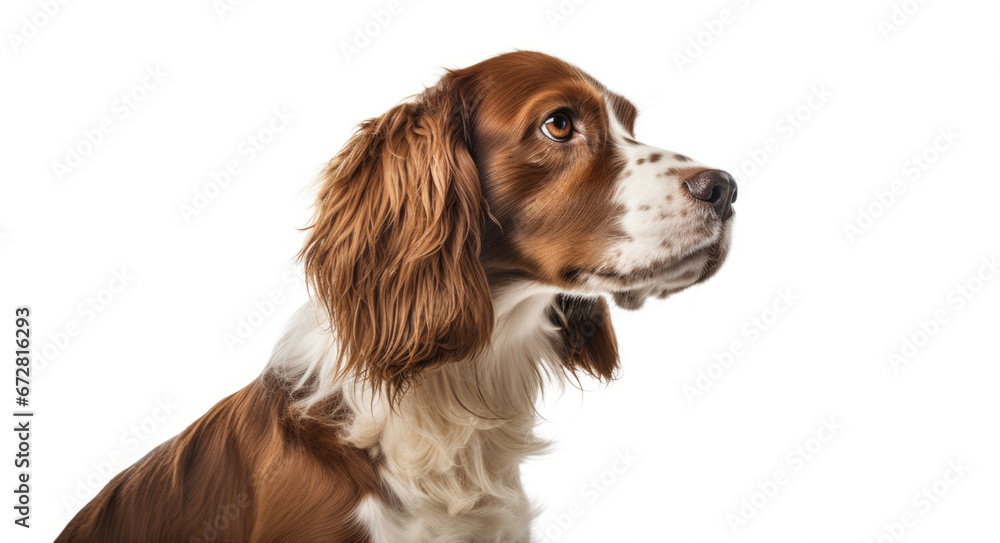 The dog's striking profile stands out against a pure white background.