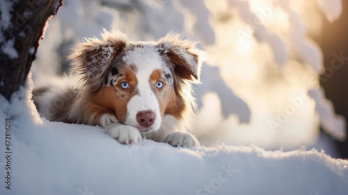 Amidst a snowy backdrop, an Australian Shepherd's winter portrait reflects the season's tranquility.