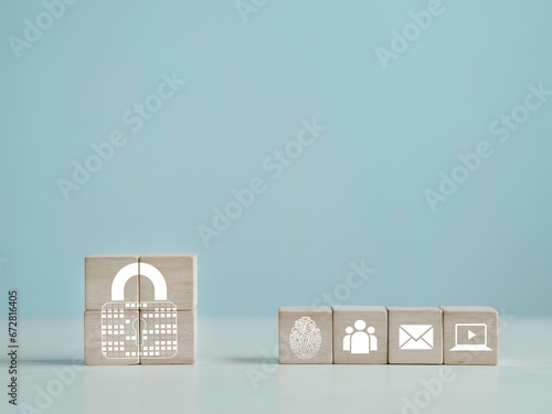 Personal data protection concept. Against digital cyber crime. Cyber security, information security, secure access to information privacy on internet access. Wooden block with lock photo