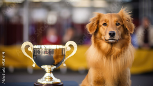 A champion in every sense, this dog's golden winner's cup signifies top-tier success.