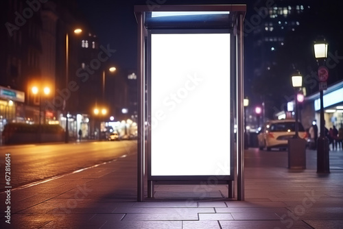 Empty billboard mockup on bus stop at roadside in city. Outdoor blank advertising space in light box at bus stop in night
