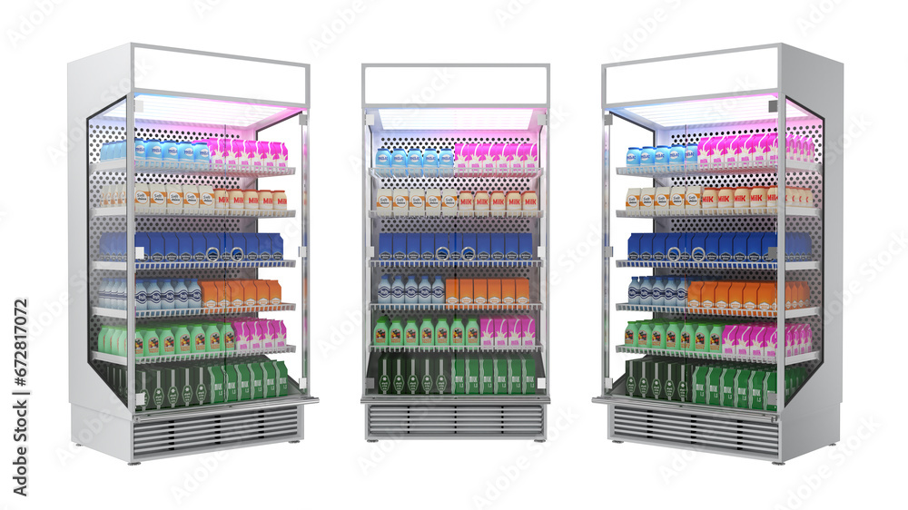 Refrigerated showcase with dairy products. 3d illustration Refrigerated showcase with dairy products. 3d illustration