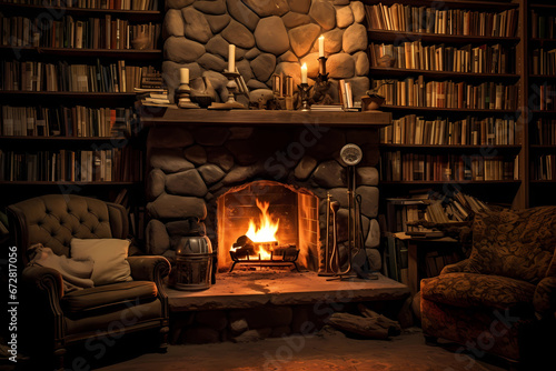 The fireplace crackles softly, casting dancing shadows on the walls, your favorite books neatly stacked on nearby shelves, waiting for you to immerse yourself in their comforting stories