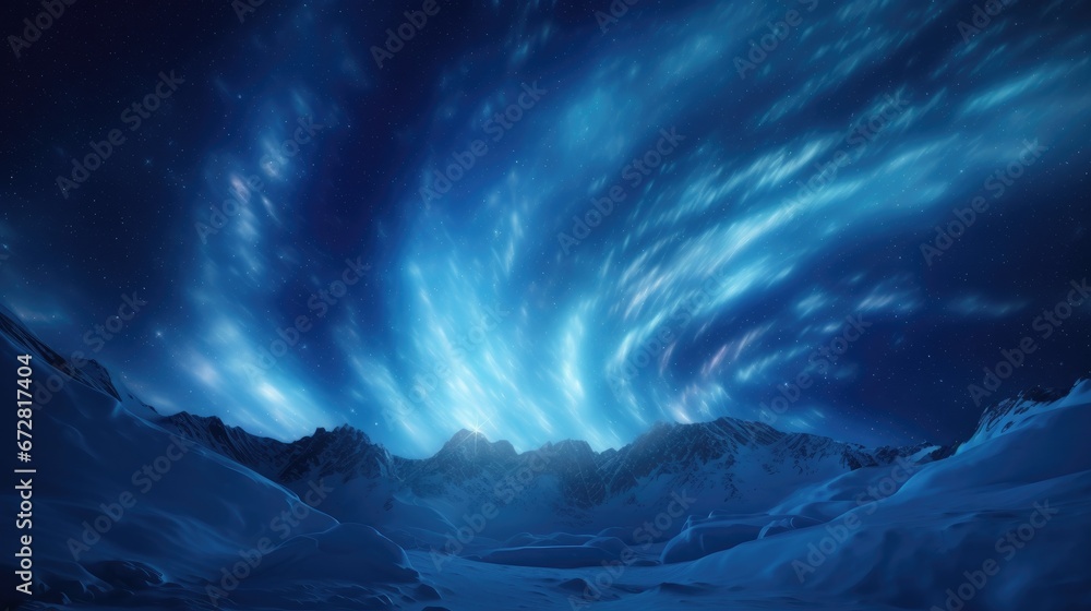 Deep blue polar lights spiraling in a starlit sky