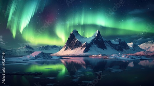 Dazzling polar lights over an ice-capped mountain range