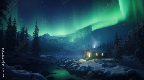 Polar lights swirling above a snowy log cabin