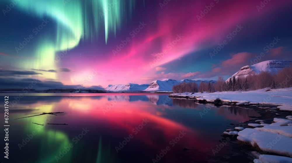 Vivid pink and green polar lights over Arctic waters Vivid pink and green polar lights over Arctic waters