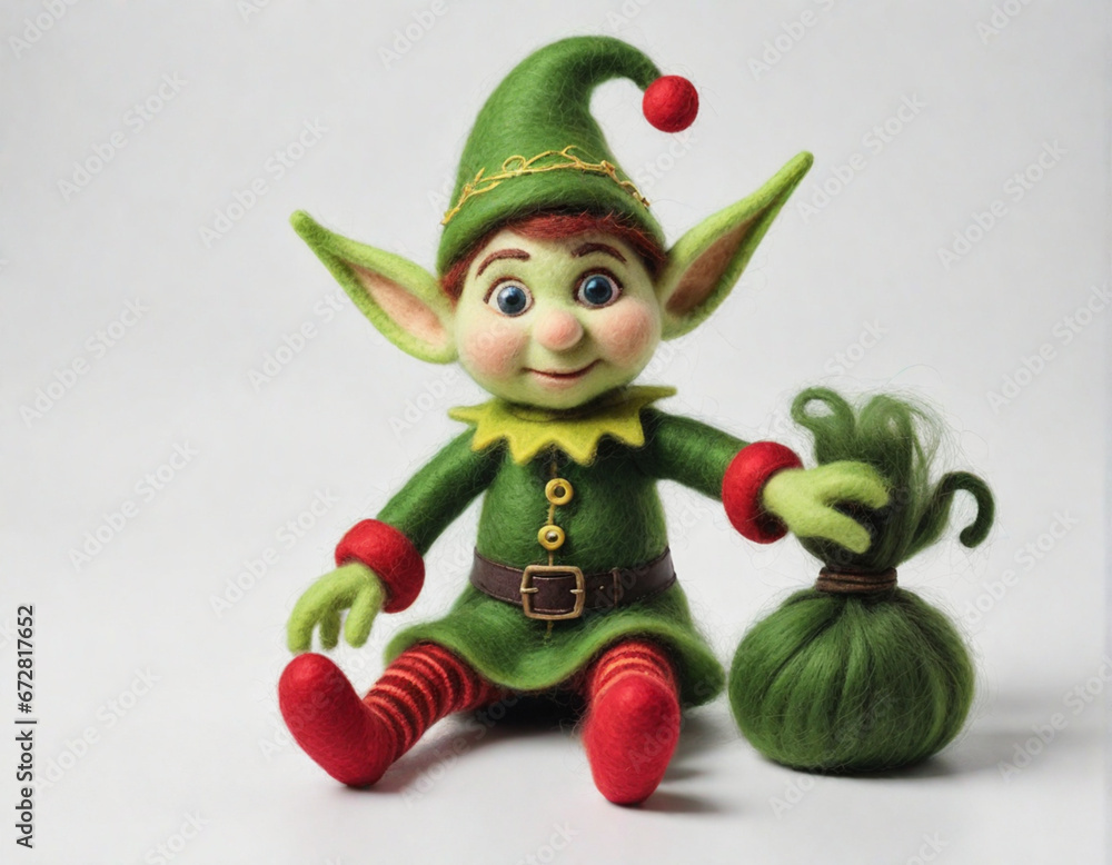 Green elf naughty from felting on a white background