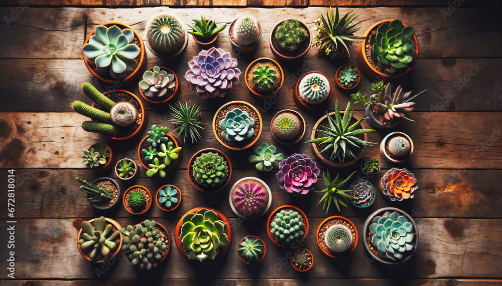 Overhead shot of the succulent plant collections in colorful pots.