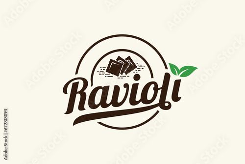 ravioli logo with a combination of ravioli, leaves and beautiful lettering, for Italian food businesses, restaurants, cafes, etc.