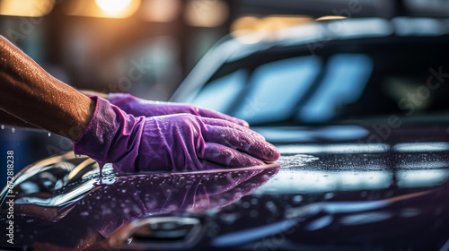 A Skilled Man Meticulously Cleaning and Polishing a Vehicle with a Microfiber Cloth for a Flawless Finish