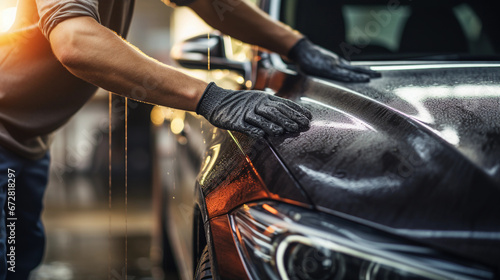 A Skilled Man Meticulously Cleaning and Polishing a Vehicle with a Microfiber Cloth for a Flawless Finish