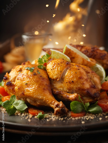 Roast chicken with vegetables and spices on wooden board dark background