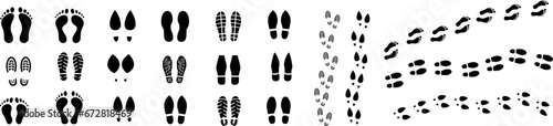 Footprint icon. Barefoot footprints, shoe prints. Collection of black symbols. Vector illustration
