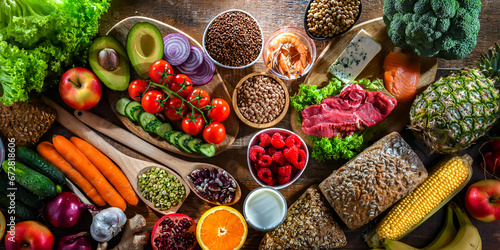 A variety of food products representing balanced diet