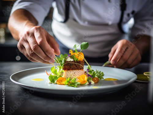 A French chef prepares a delicious meal in a restaurant kitchen