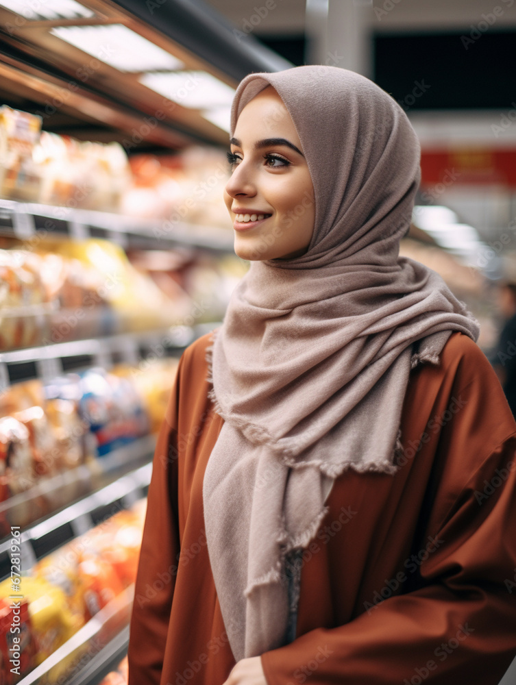 A young Muslim woman shopping in a supermarket A young Muslim woman shopping in a supermarket
