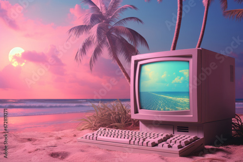 Collage of vaporwave elements from the '90s, featuring retro computer graphics, palm trees, and pastel colors, creating a nostalgic and surreal atmosphere. Generative Ai photo
