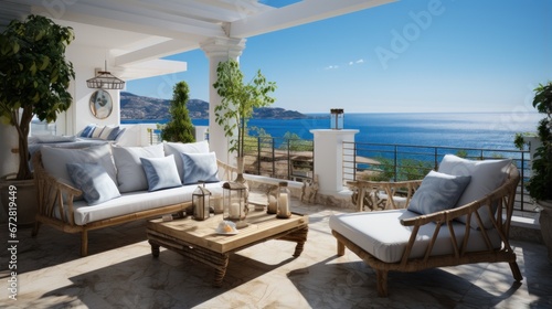 Relaxation area on the modern terrace with panoramic sea views. © Prasojo