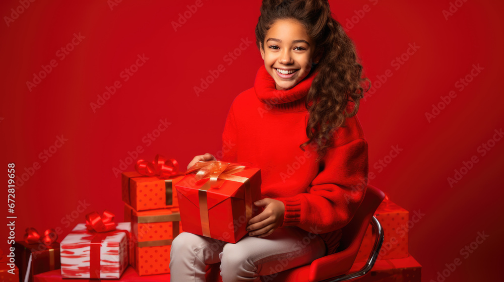 A young girl in a red sweater laughs heartily amidst wrapped Christmas presents against a radiant red backdrop. A young girl in a red sweater laughs heartily amidst wrapped Christmas presents against a radiant red backdrop.