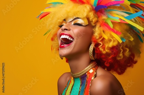 Woman in multicolored carnival costume wig laughs, publicity photo. yellow plain background