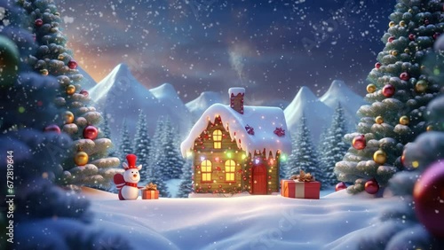 christmas decoration with tree, snowman and gifts. with cartoon style. seamless looping time-lapse virtual video animation background.