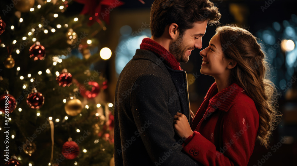 A couple is close together in an affectionate embrace, smiling at each other beside a decorated Christmas tree with twinkling lights, evoking a warm, festive atmosphere.