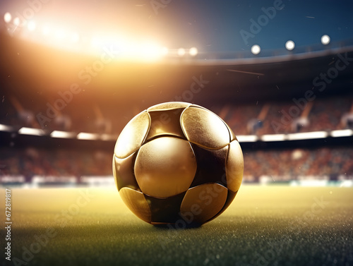 A golden soccer ball on the turf of a football field