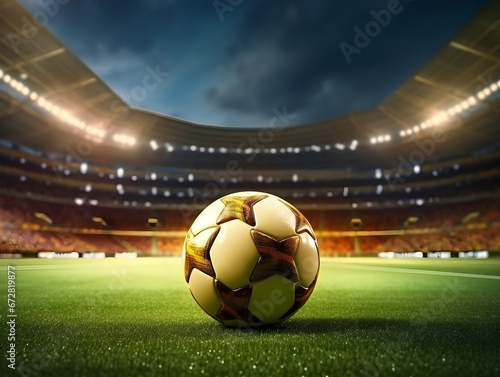 A golden soccer ball on the turf of a football field © JQM