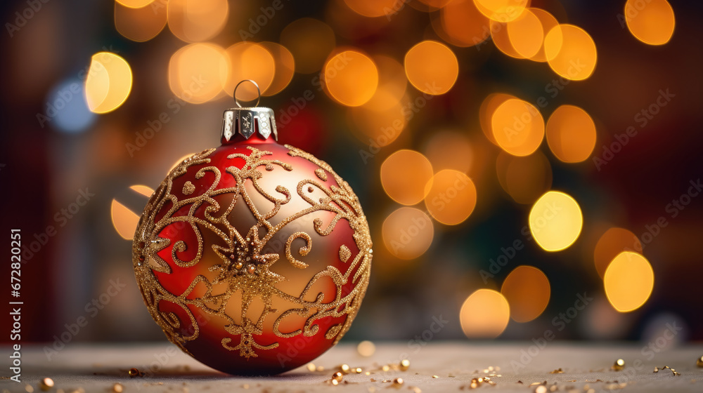 Christmas bauble with intricate gold patterns and beads, set against a backdrop of shimmering golden bokeh lights. Christmas bauble with intricate gold patterns and beads, set against a backdrop of shimmering golden bokeh lights.
