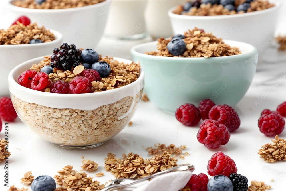 Muesli with berries and milk. Oatmeal. Breakfast. Generative AI. Muesli with berries and milk. Oatmeal. Breakfast. Generative AI.