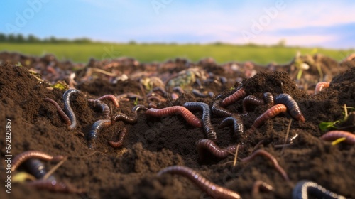 Many living earthworms for fishing in the soil background.Generative AI