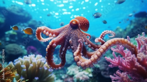octopus in the coral reef animals of the underwater.Generative AI © shuvodesign