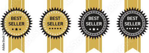 Bestseller sticker label set with gold ribbon isolated fit for mark best seller product vector art photo