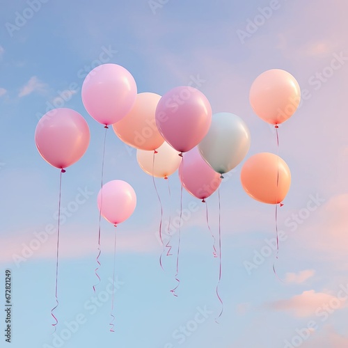 Colorful balloons flying in the pink sky. Festive mood for a birthday  anniversary  wedding. A bright postcard for the event