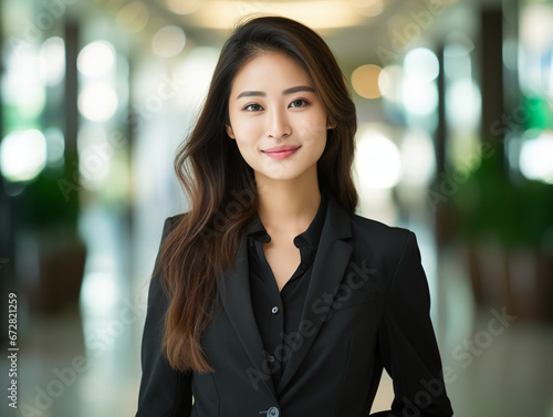 A confident young Asian female professional looking directly at the camera in an office environment. White-collar worker, executive