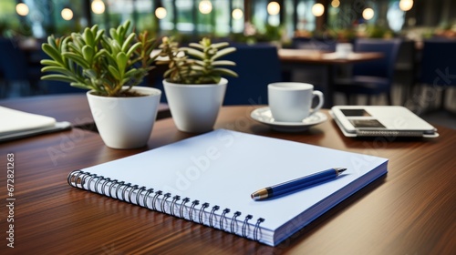 notepad for agenda on empty corporate conference room table photo