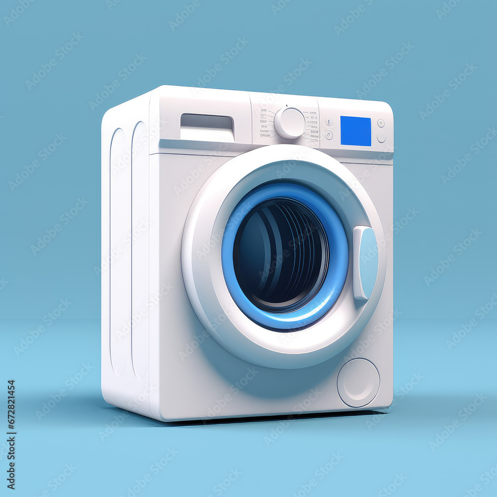White washing machine icon set against a vibrant blue background. Ideal for household technology concepts and clean, modern living.