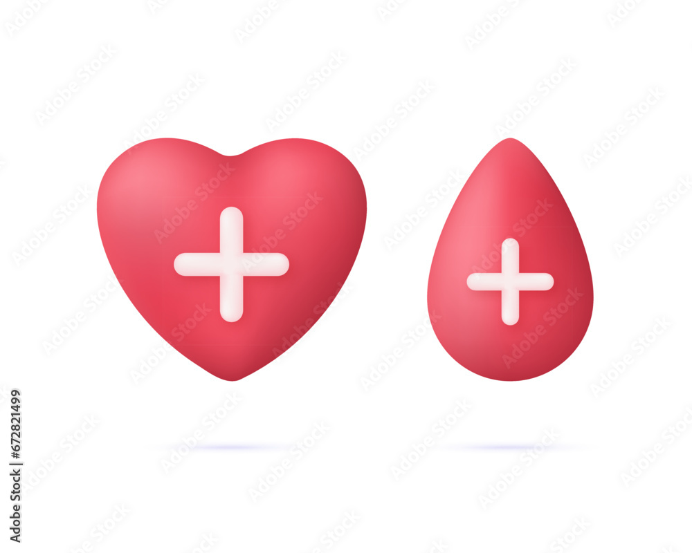 Obraz premium 3D Set of Red heart and Blood droplet with medical cross symbol. Medicine, donation, healthcare concept.
