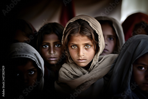 A group of young girls with captivating gazes wearing hijabs, a photo depicting women's human rights and gender equality.