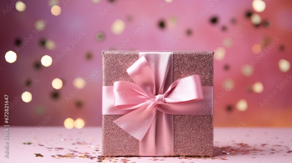 pink gift box with bow, beautiful holiday background with sparkles, template for card