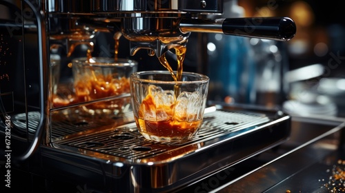 Coffee extraction from a professional coffee machine is poured into a cup